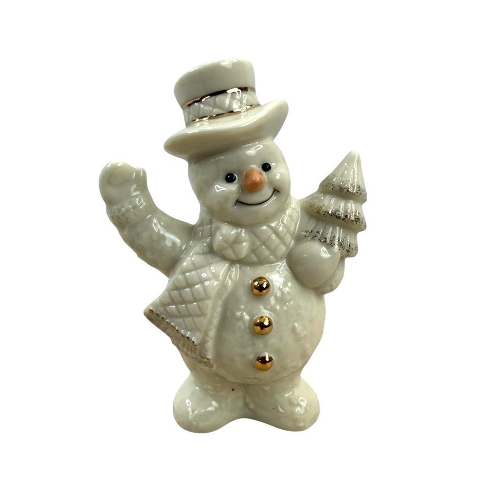 Lenox Ivory Gold Snowman W/ Top Hat Holding Christmas Tree Figurine 3.5" NO BOX